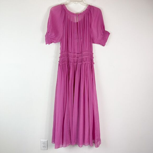 Rebecca Taylor NWOT Chiffon Short Sleeve Smock Waistline Midi Dress Pink Size 12 - Picture 6 of 6